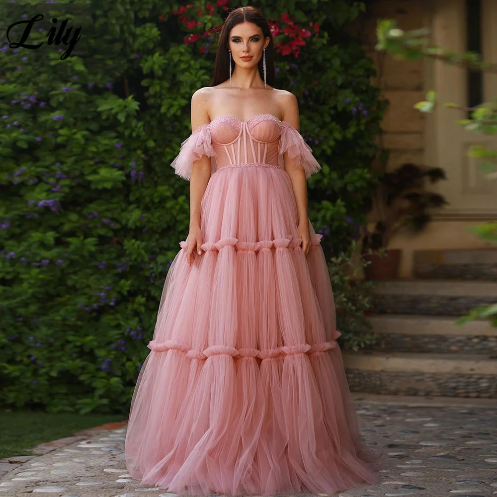 

Lily Pink Sweetheart Prom Dress Off the Shoulder Party Dress Tiered Layer Celebrity Gown Net Wedding Party Dress вечерние платья