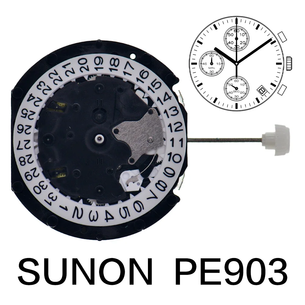 PE903 Quartz Movement Sunon PE90 Movement Watch Repair Parts Three Hands with 3 Eyes Date Small Chronograph Second Minute 24Hour