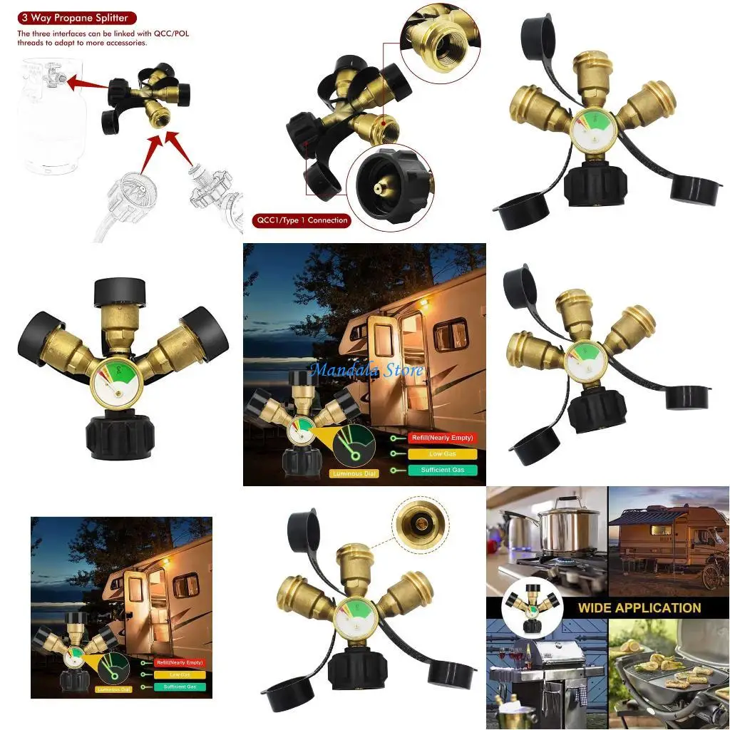 

U2JC 3 Way Propane Splitters Brass Adapter With Shutoff Valves And Pressure Gauge