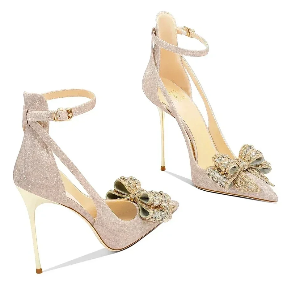 

2025 Silver Glitter Bow Princess Style Pointed Fine Heel Dress High Heels