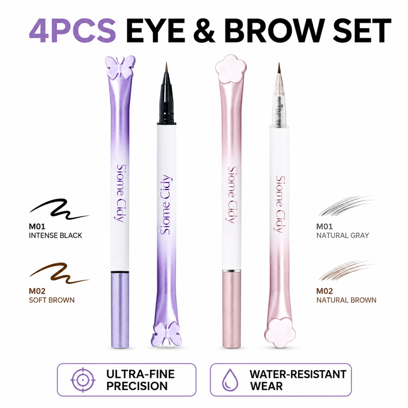Siome Cidy 4PCS Liquid Eyeliner & Liquid Brow Pen Set Waterproof Smudge Proof Long Lasting Ultra Fine Tip Black Brown Eye Makeup
