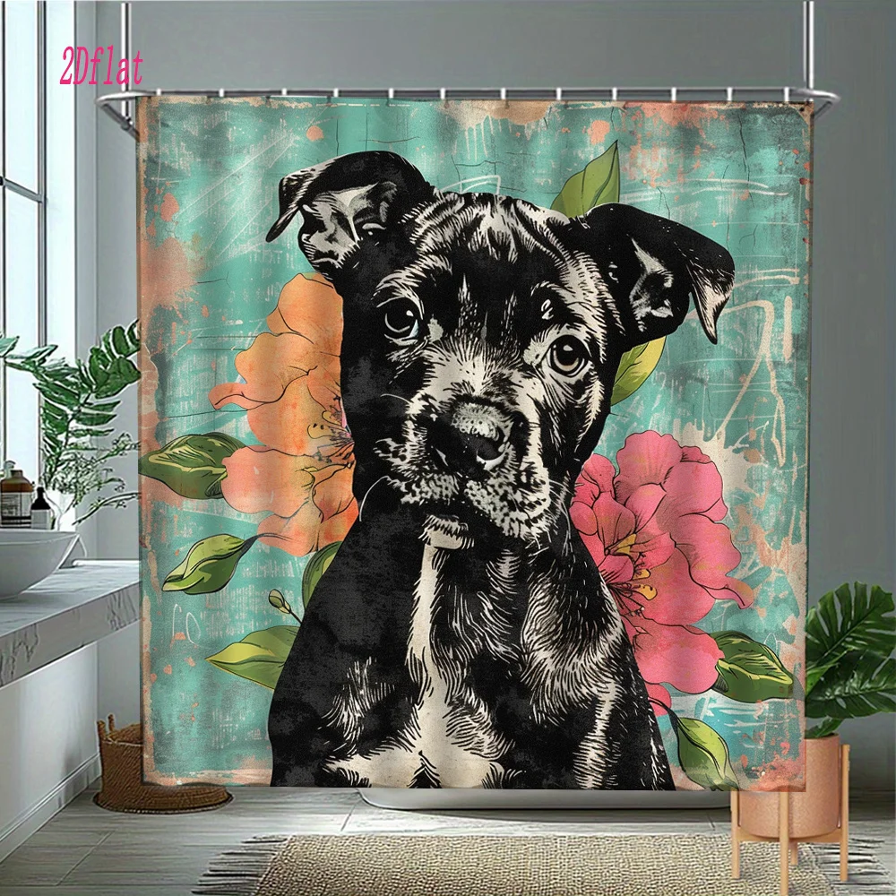 Cute Puppy Portrait Shower Curtain Bathroom Decor Tropical Floral Dog Art Shower Curtain Waterproof Shower Curtain