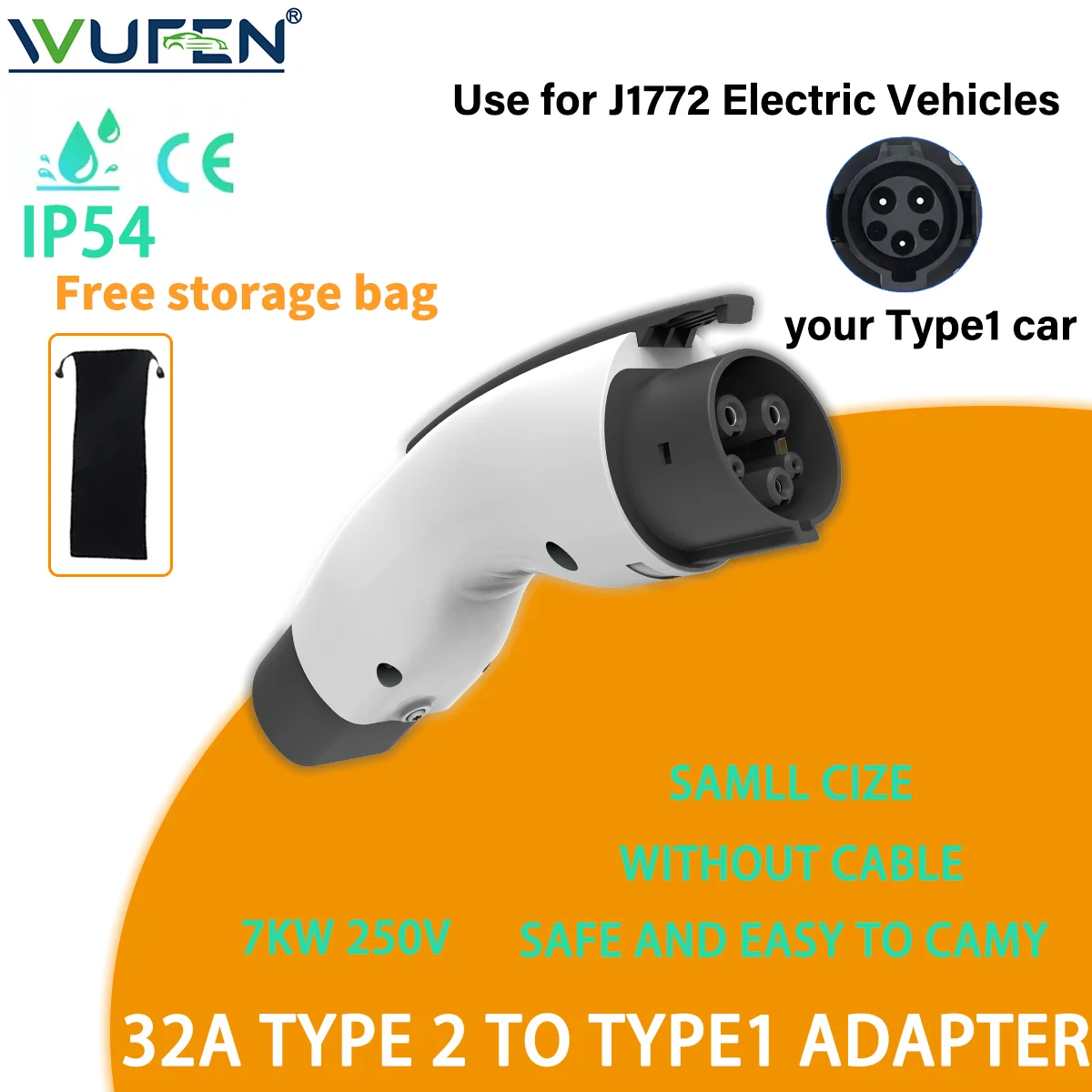 WUFEN Type2 إلى Type1 EV مهايئ شاحن 32A 7KW MAX متوافق مع شاحن النوع 2 للسيارة الكهربائية مع مقبس شحن من النوع 1 #1
