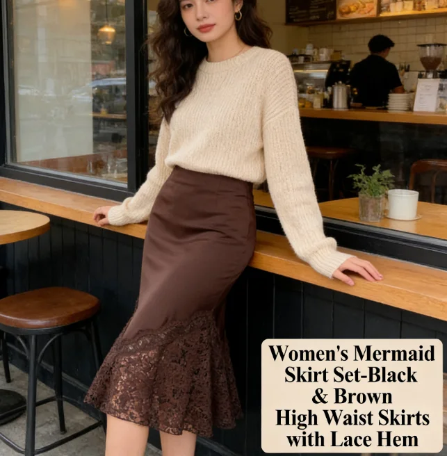 

Winter New Arrival Solid Color Bodycon Skirt Coffee Black Elegant Lace Satin Midi Skirt European Style