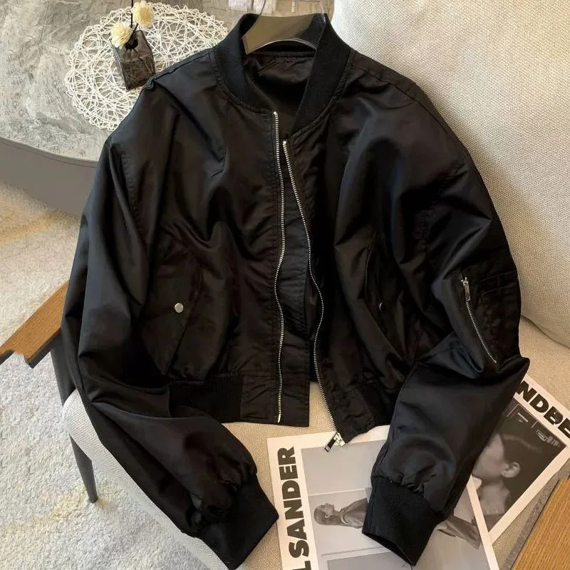 Black Cropped Bomber Jacket Women Stand Collar Zip-Up Long Sleeve Multi-Pocket Design Outerwear Loose Streetwear Casual Coat