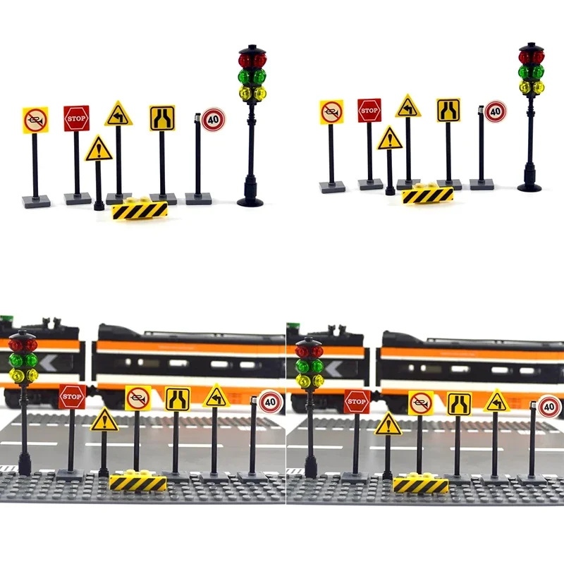 Décennie s de construction de panneaux de signalisation de ville, briques de signalisation de route, kits de modèles de feux de circulation, accessoires compatibles avec toutes les marques