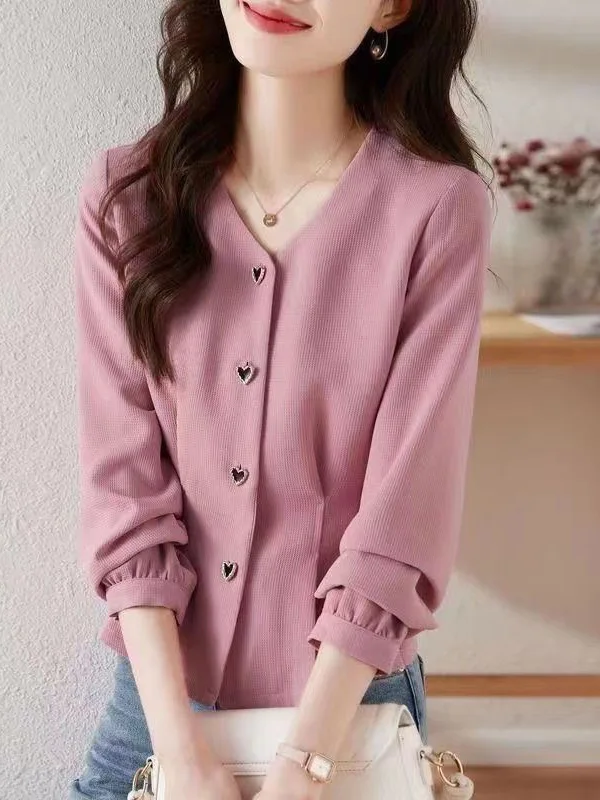 

Elegant Black Long Sleeve V-Neck Women's Shirt Slim Fit Short Style Top Fashionable Business Casual Polyester Material