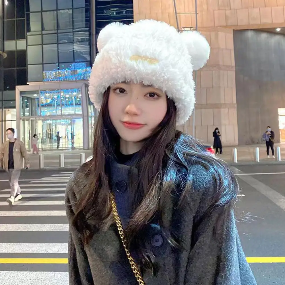 Women Winter Hat Cartoon Bear Ear Decor Plush Pure Color Beanie Elastic Warm Windpoof Soft Fuzzy Anti-slip Lady Beanie Cap 탄력모