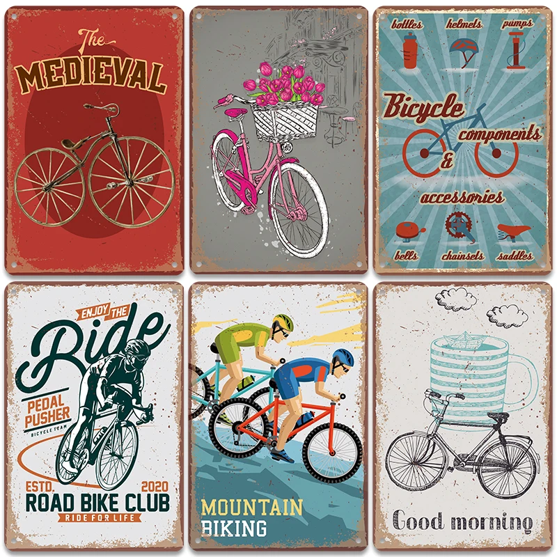 

Retro Bicycle Poster Metal Tin Sign Plate Vintage Mountain Biking Metal Signs Wall Art Decor for Road Bike Club Garage Bar Pub