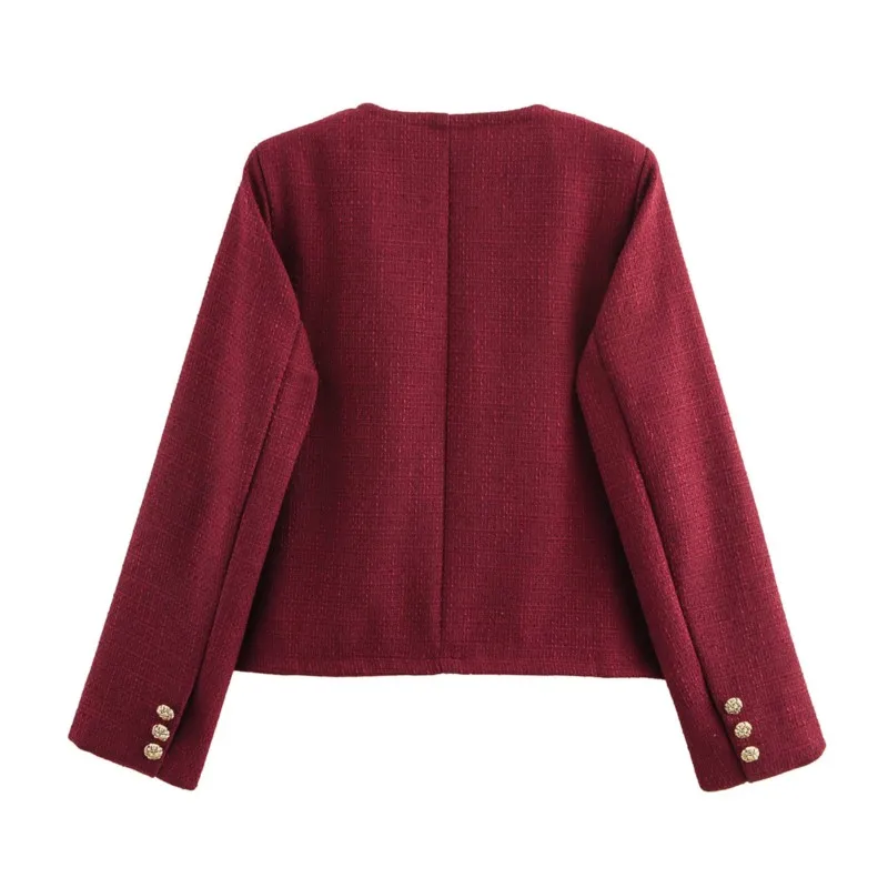 TRAF Metal button Short Jacket With Long Sleeves for Women Autumn Coarse spinning Pocket Decoration Jacket Female Jacket