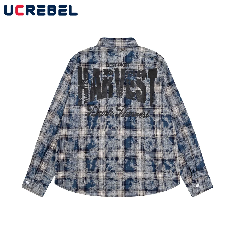 Letter Print Plaid Long Sleeve Shirts Mens Double-sided Printed High Street Autumn Loose Single Breasted Lapel Shirts Men