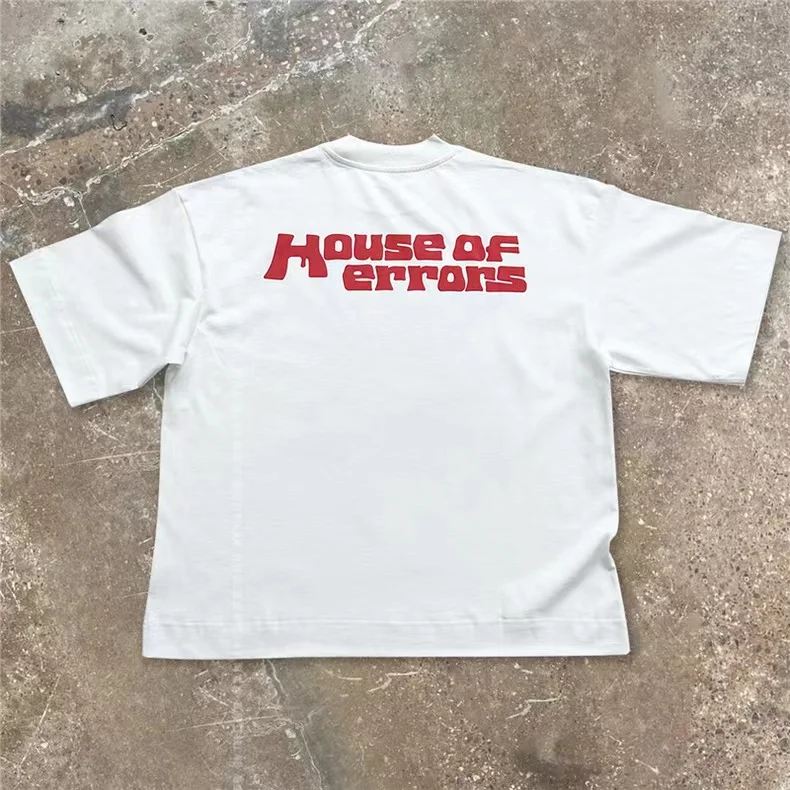 Oversize czarna biały Puff nadruk dom błędów z Logo oczu koszulki męskie kobiety t-shirt Hip Hop Vintage bawełniane topy z krótkim rękawem