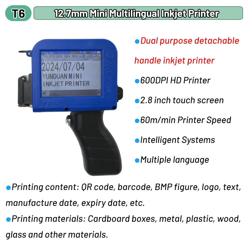 Imagem -02 - Yunduan Mini Handheld Inkjet Impressora Ink Kit Código de Barras qr Data de Validade do Logotipo Tampa Multilíngue Máquina de Codificação Térmica Portátil 12.7 mm