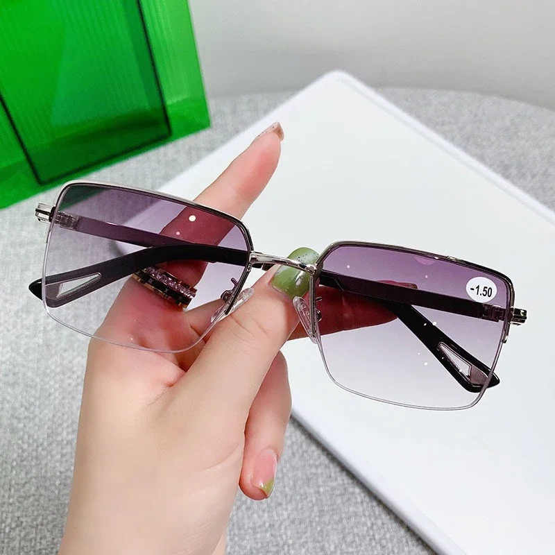 -1,0 ~ -4,0 Myopie-Brille, Anti-Blaulicht-Gläser, Halbrahmen-Brille, Damen-Sonnenbrille, fertige Computerbrille