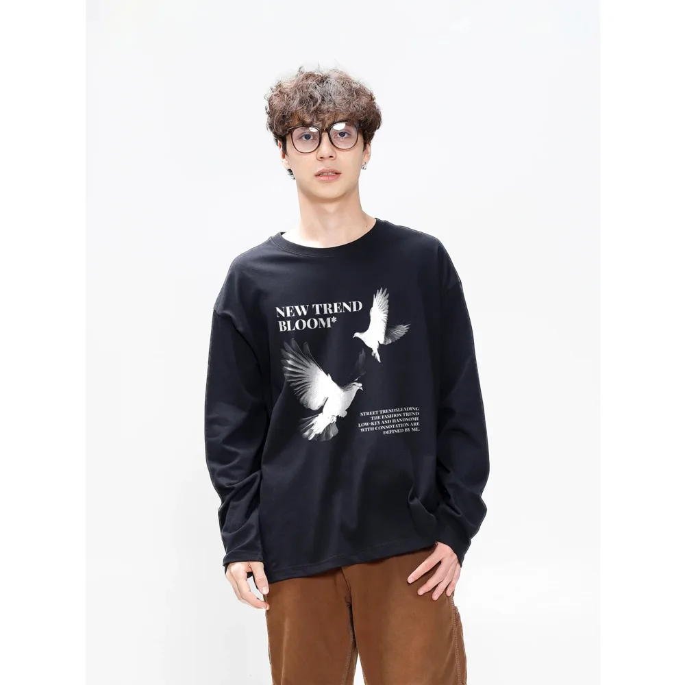 ZAZOMDE Urban Fashion Men Japanese Style Dove Pattern Long Sleeve Cotton Tee Soft Breathable Fit Streetwear Comfort Stretch
