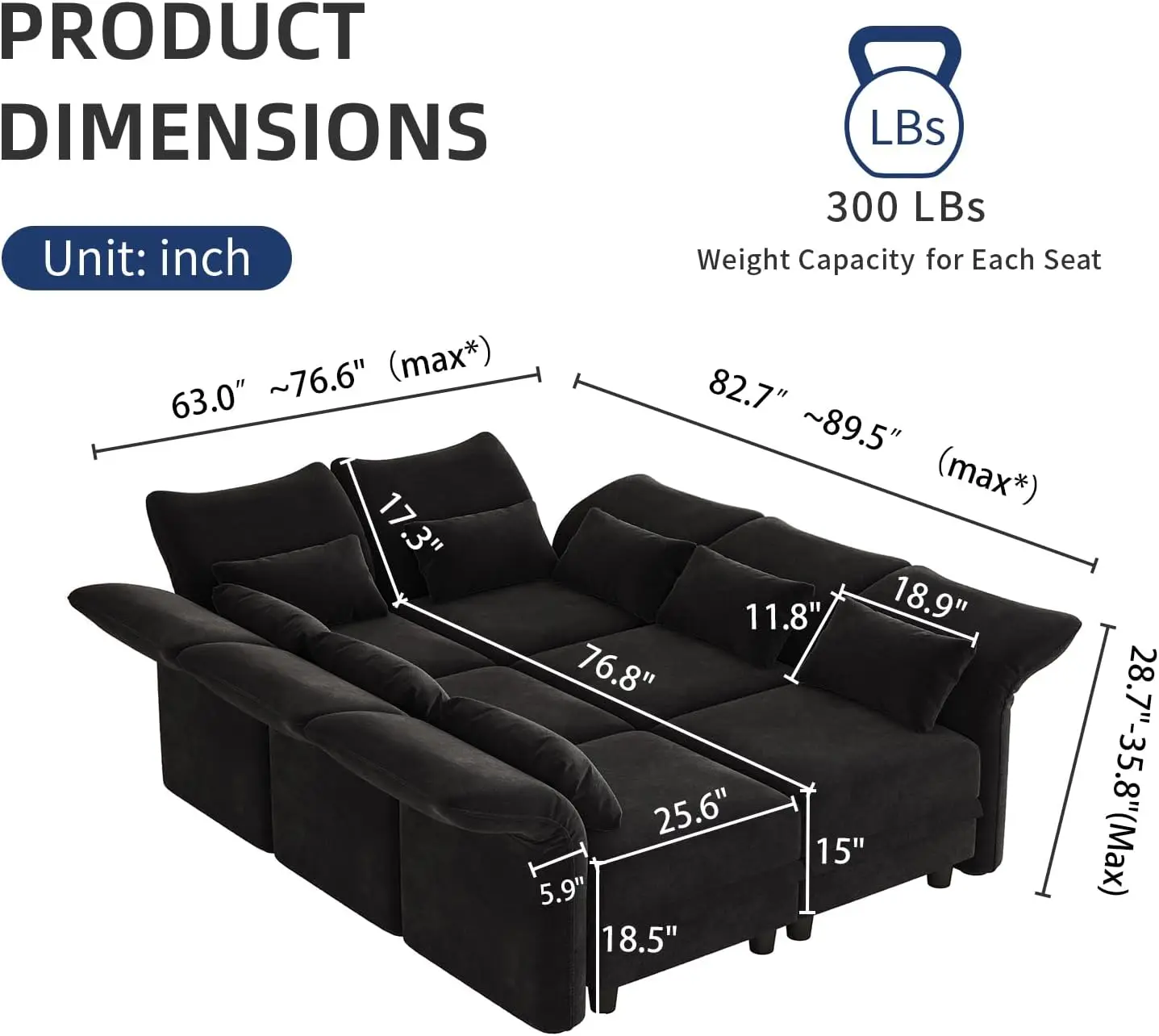 Modular Sofa  Arrangeable Modular Couch Sleeper for Living Room Wide with Storage, Adjustable Armrest