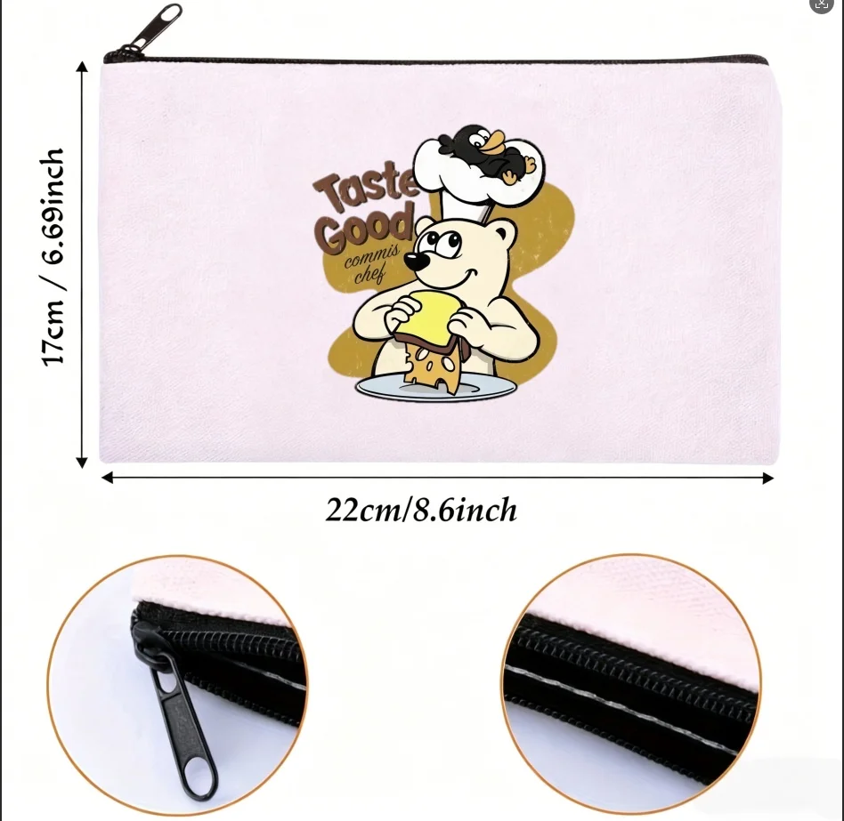 1PC Double-sided Canvas Pouch Chef Bear Penguin Zipper Cosmetic Storage Bag