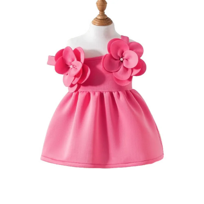 

Girls' Dress Summer Sweet Small and Medium Children's Strap Top with 3D Flowers and Solid ColorALight Formal Dress