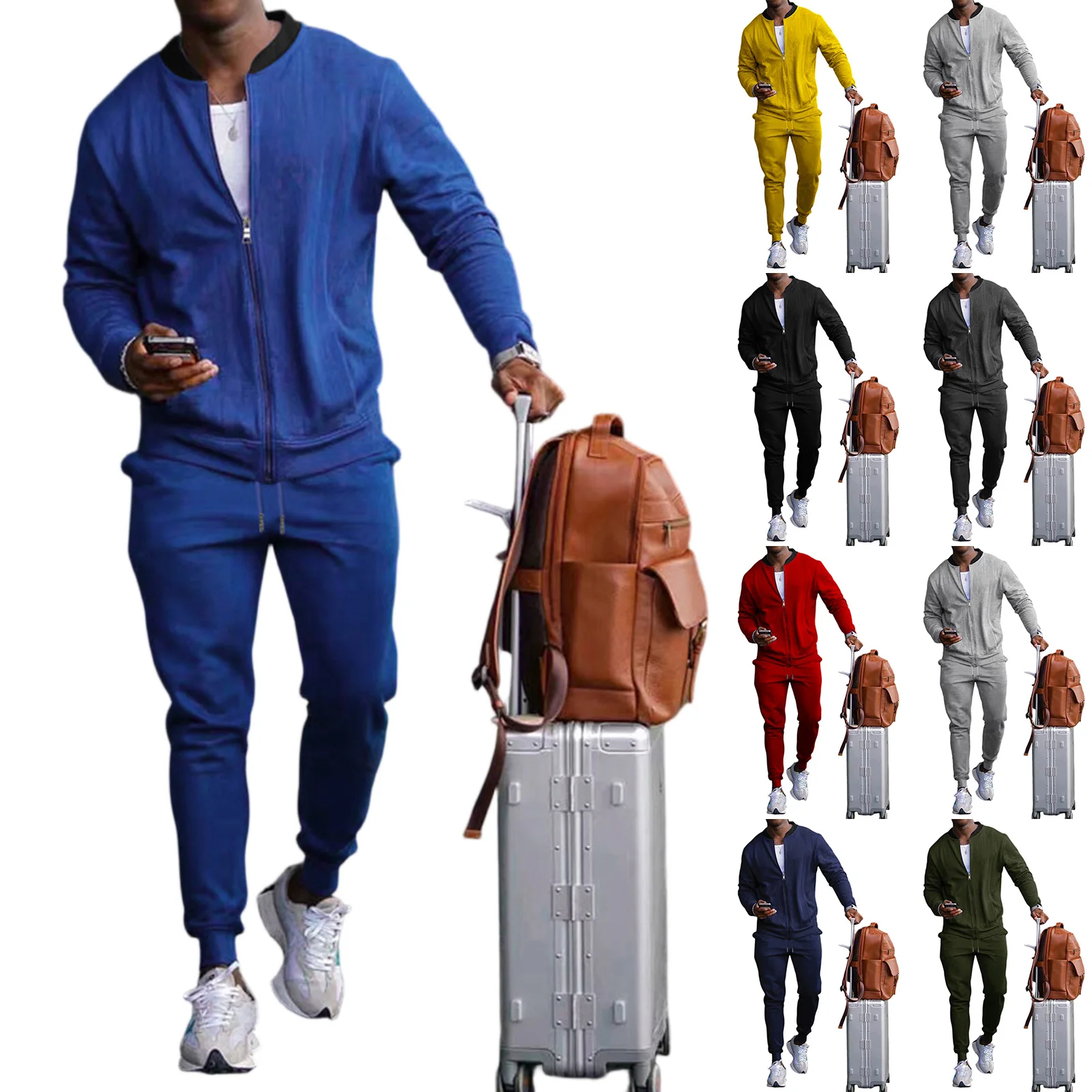 

Male Leisure Fashion Breathable Outfit Simple Solid Color Round Collar With Zipper Jacket Men Casual Outdoor Cozy Sport Suit