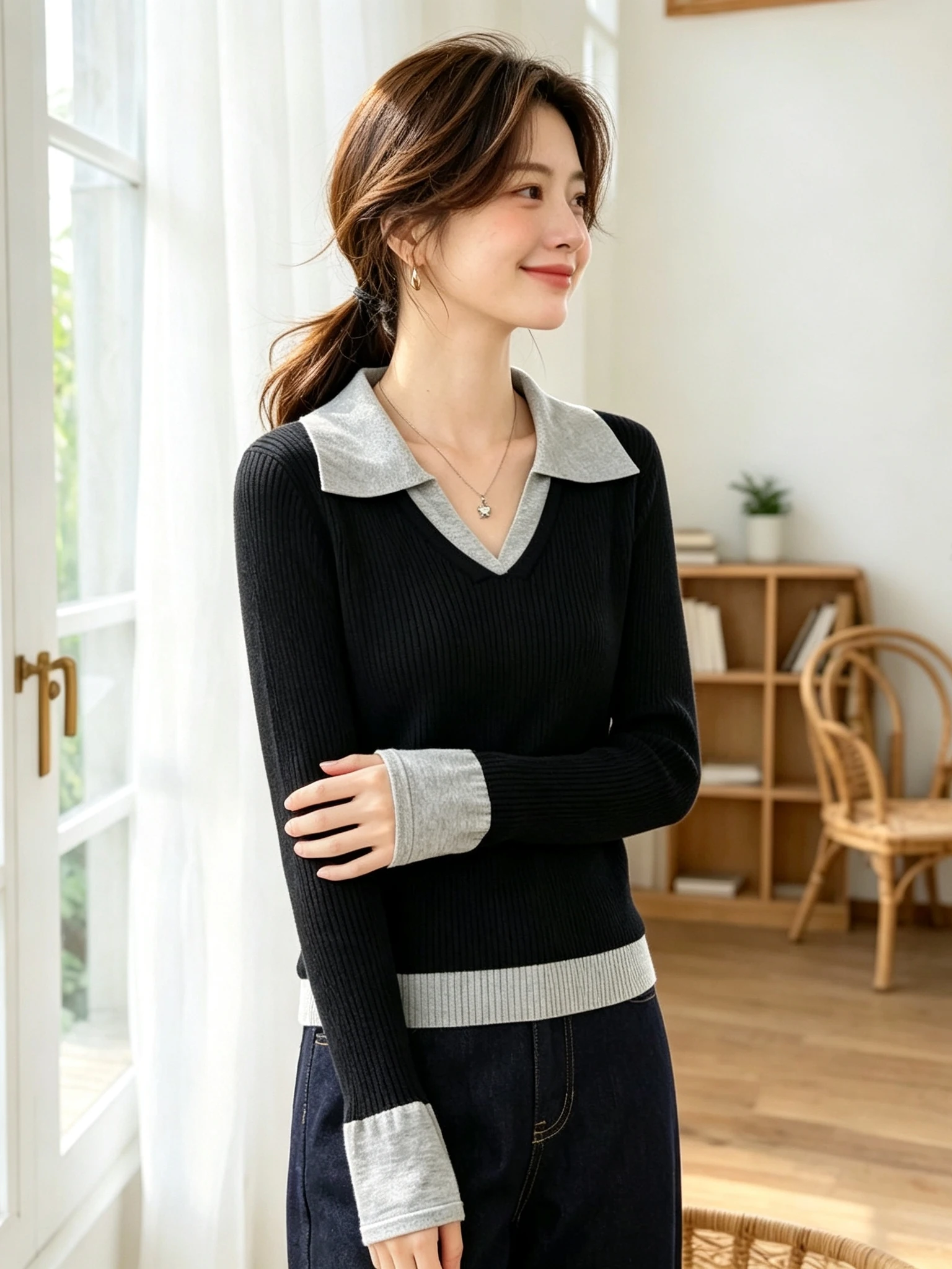 Elegant  Collar Long Sleeve Knitted Base Shirt Women's Fashion Retro Style Autumn New Arrival Single Piece  Color Top