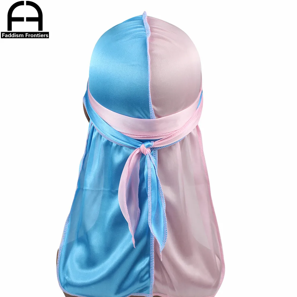 Unisex Men Two Tones Silk Durag Outside Stitching Silky Durags Bandana Headwear Turban Hat Waves Cap Long Straps Du Rag