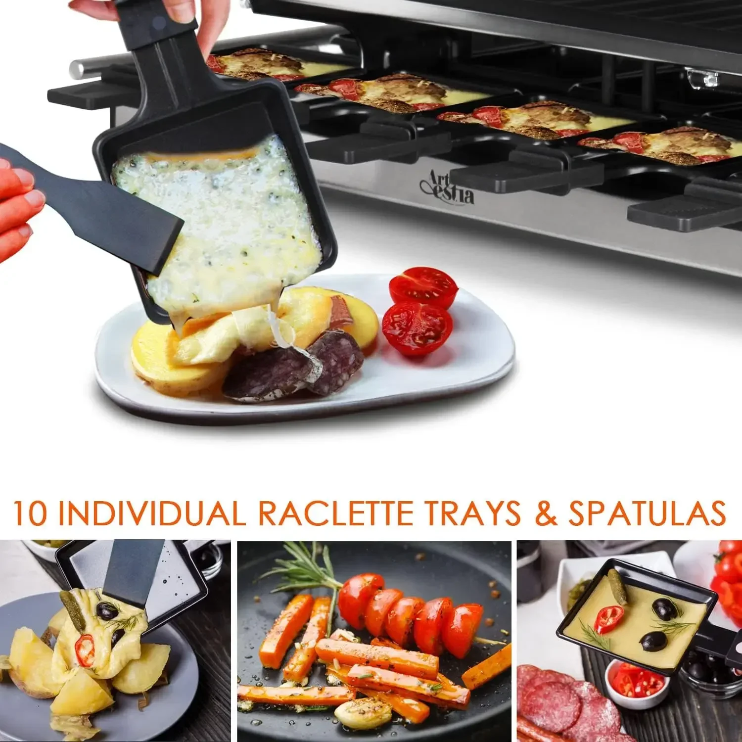 Artestia-Parrilla de mesa Raclette, parrilla de 1500W, 10 paletas, parrilla de barbacoa coreana, Raclette de queso con piedra de parrilla