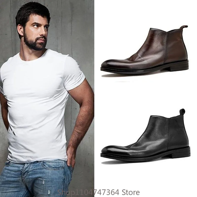 

Ботинки челси в британском стиле, мужские ботинки из натуральной кожи, модные деловые повседневные уличные ботинки из мягкой воловьей кожи, удобные мужские ботинки до щиколотки