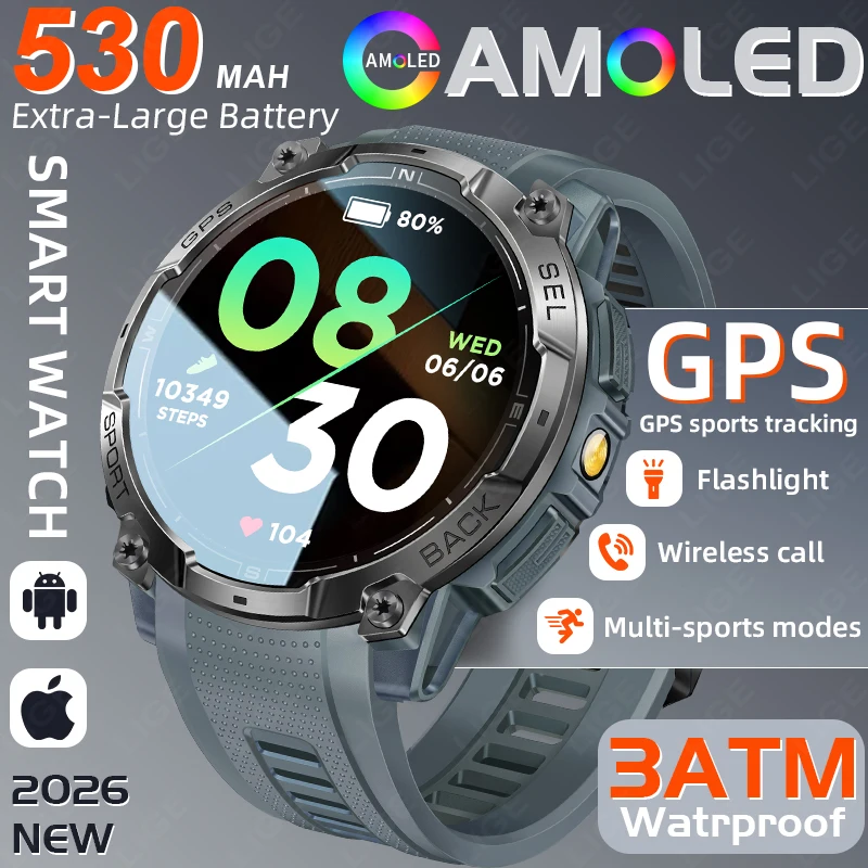 

Военные смарт-часы с GPS, модель 2026 года, новая батарея 530 мАч, водонепроницаемость 3ATM, Bluetooth-звонки, 100+ видов спорта, для активного отдыха, мужские, с компасом