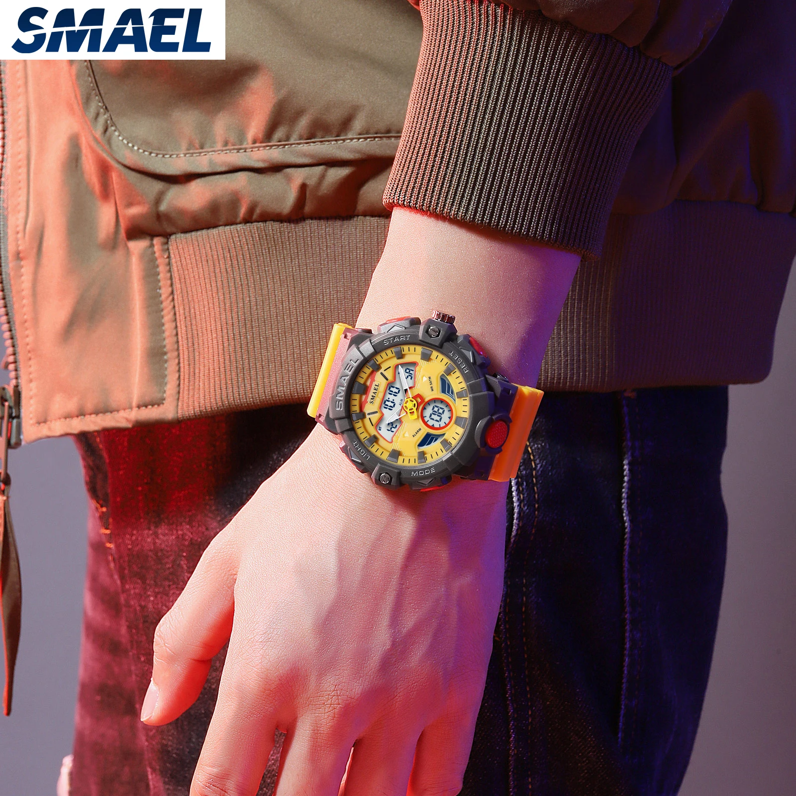 SMAEL-reloj deportivo de cuarzo para hombre, cronógrafo de Pulsera Original, resistente al agua hasta 50M, alarma 8085, color amarillo joven, envío