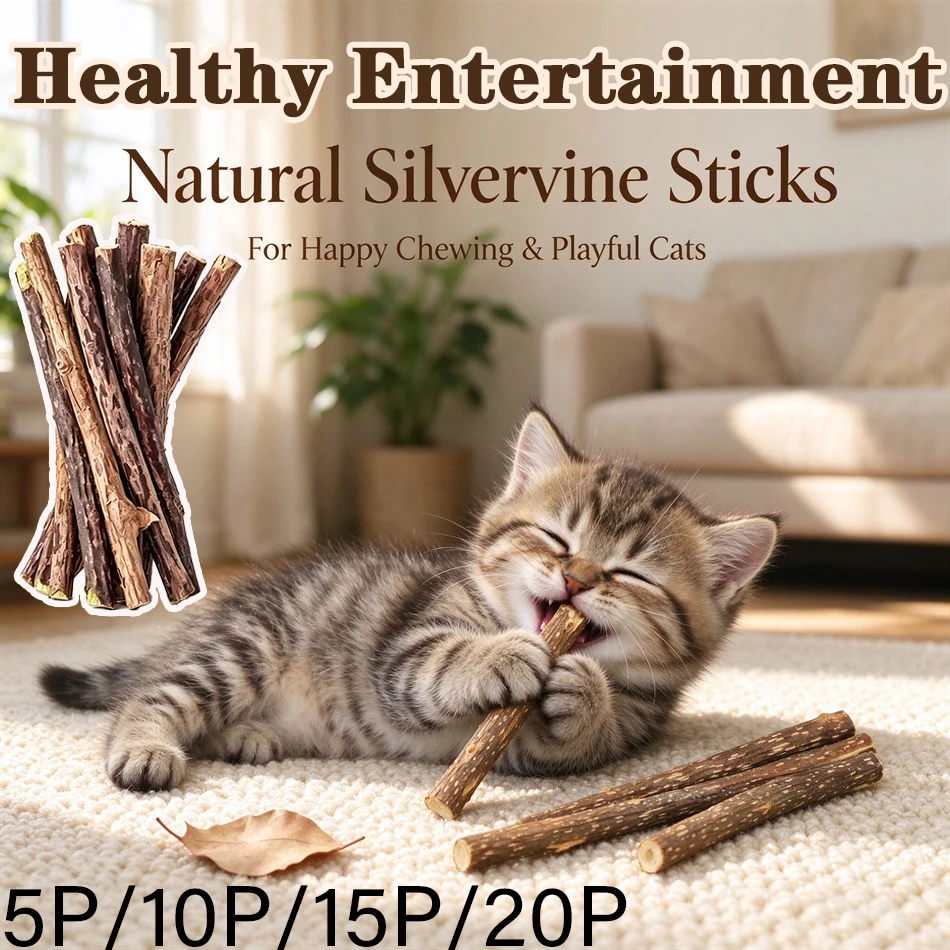 5-20P Natural Silvervine Catnip Toy Kitten Teething Sticks Pet Dental Care Freshen Breath Cat Snack Toy Silvervine Pet Supplies