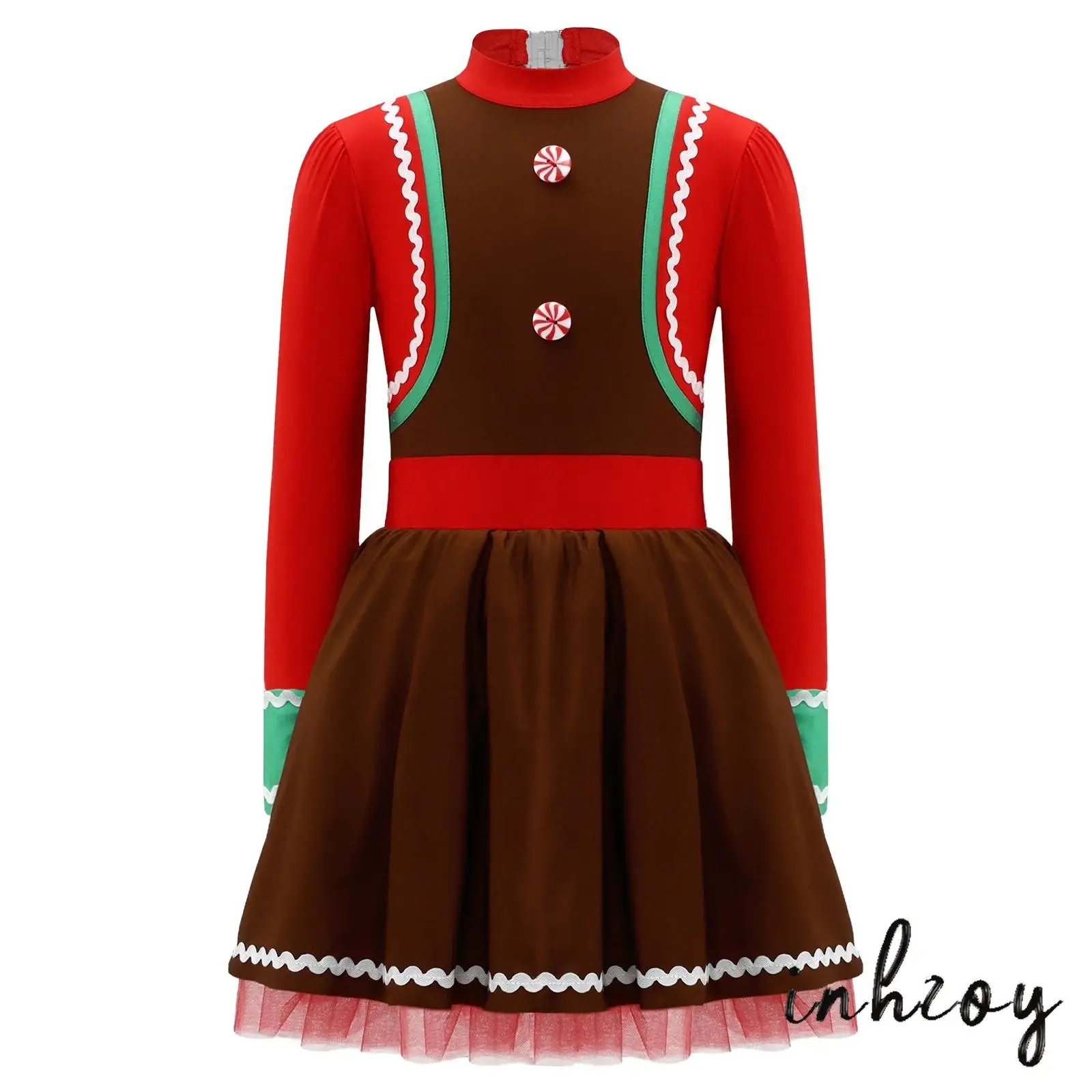 

Kids Girls Christmas Gingerbread Man Costume Princess Xmas Dance Dress Long Sleeve Adorned Santa Costume for New Year Holiday