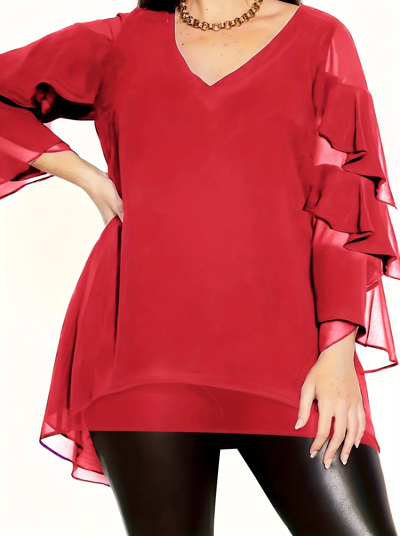 Plus Size Elegant Top, Women\'s Plus Solid Mesh Layered Ruffle Trim Long Sleeve V Neck High Low Hem Tunic Top