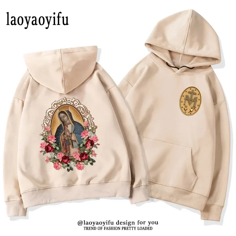 Vintage Our Lady of Guadalupe Virgin Mary The Madonna Religious Graphic Hoodie Hip Hop Autumn and Winter Keep Warm Hoodies