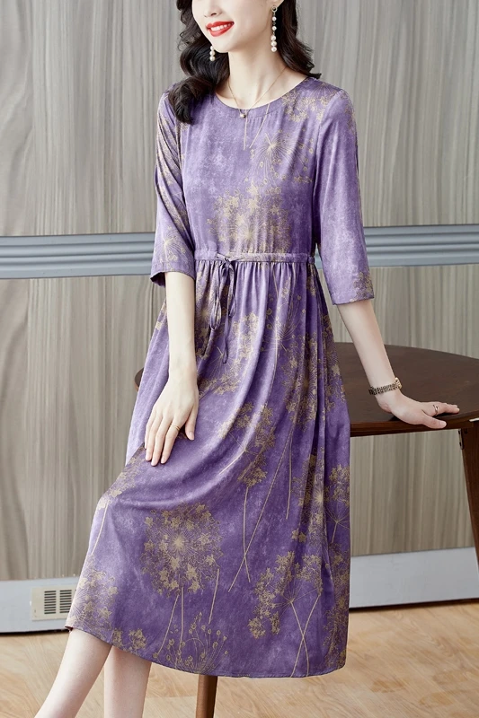 ZUOMAN Summer Purple   Floral Silk Midi Dress Vintage Elegant 5XL Size Women Long Dress Bodycon Party Vestido