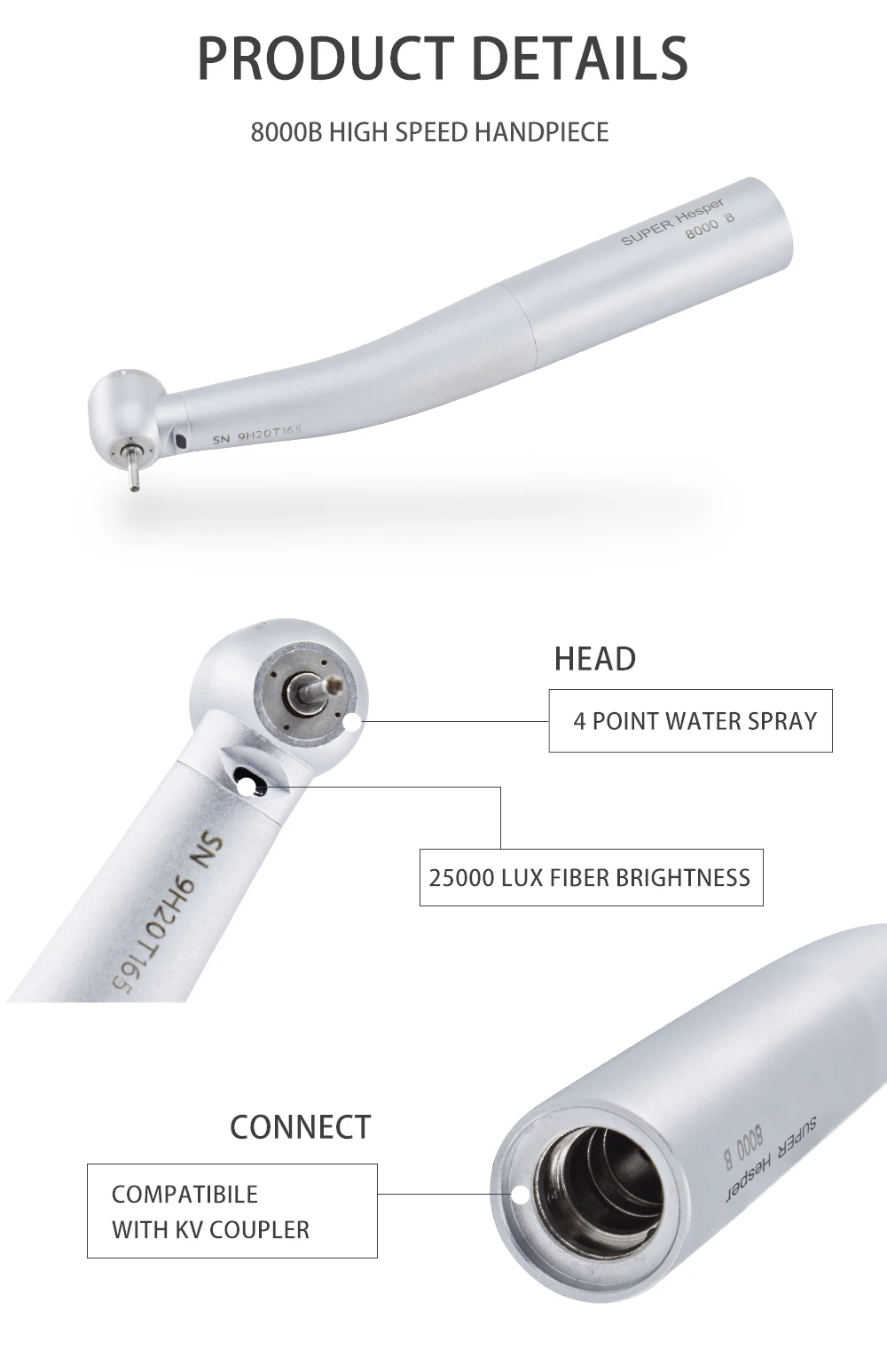 KAVO Typ Dental Fiber Optic LED Turbine Schnellkupplung 8000B Hochgeschwindigkeitshandstück Luftturbine Kavo Typ Handstück Zahnarztwerkzeuge – Detail 4