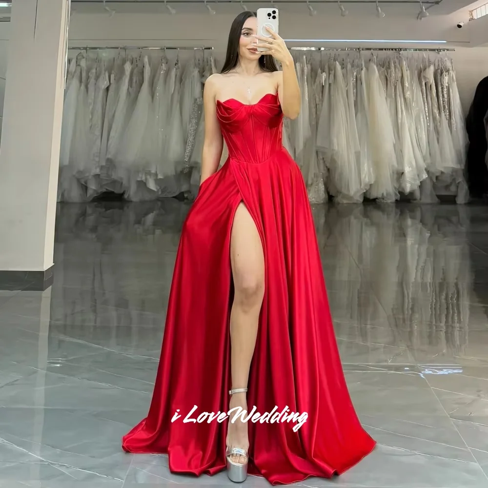 

Red Strapless Evening Dress 2025 Sleeveless A-Line Split Lace-Up Floor-Length Prom Dress Pleated Wedding Party Dress Customized