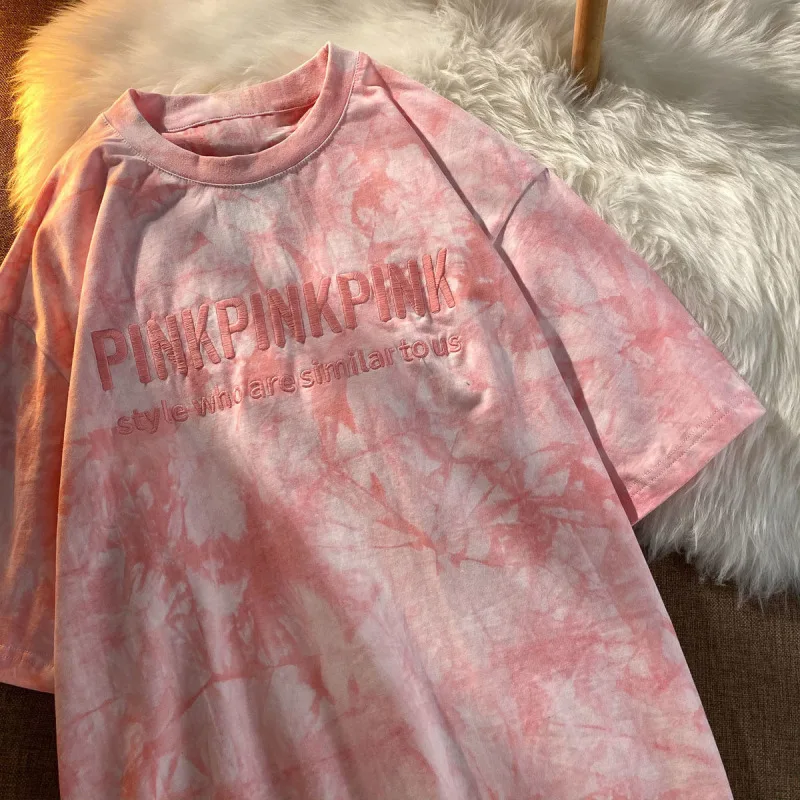 Tie-dye haftowany napis z krótkim rękawem Top koreański popularny modny damski T-shirt lato nowy 2024 moda Y2K topy