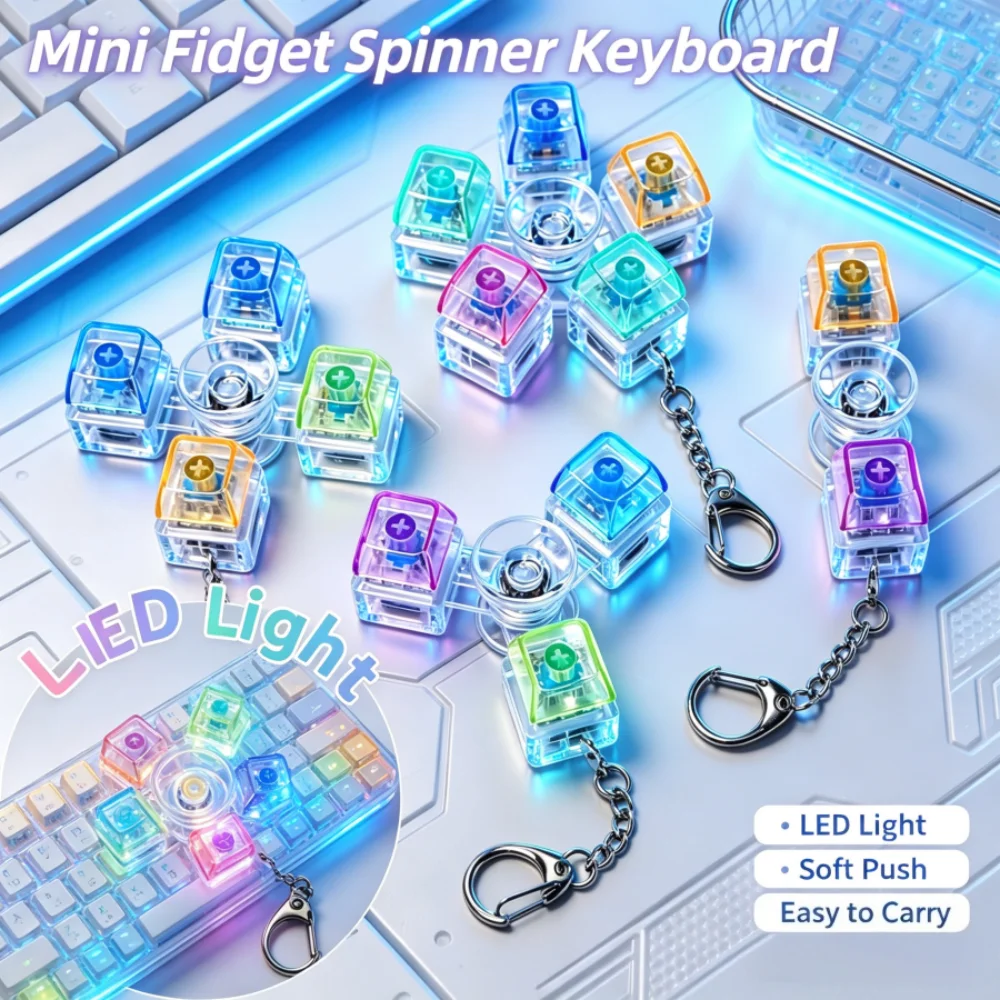 Light Up Fidget Spinner Keychain, Transparent Keyboard Cap Fidget Toy, Stress Relief Rotatable Keyring for Kids Adults Gift