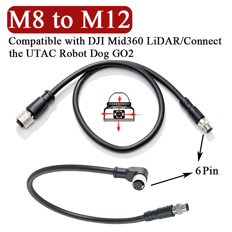 6Pin M8 to M12 Aviation Plug Wire Compatible with DJI Mid360 LiDAR Connect the UTAC Robot Dog GO2 M8 to M12 Elbow Connector Wire