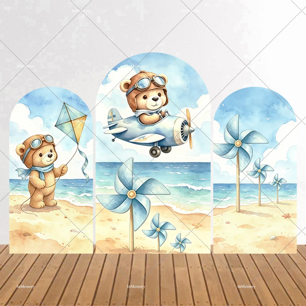 

Airplane Bear Pilot Arch Backdrop Cover for Kids Baby Shower 1st Birthday Party Decoration Beach Seaside Windmill Background