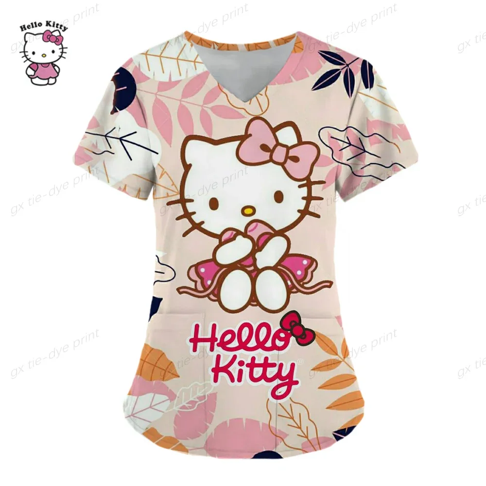 Strój pielęgniarki kobiety z krótkim rękawem Hello Kitty ubrania robocze bluzka z kieszenią peelingi topy akcesoria do stroje medyczne karmiących