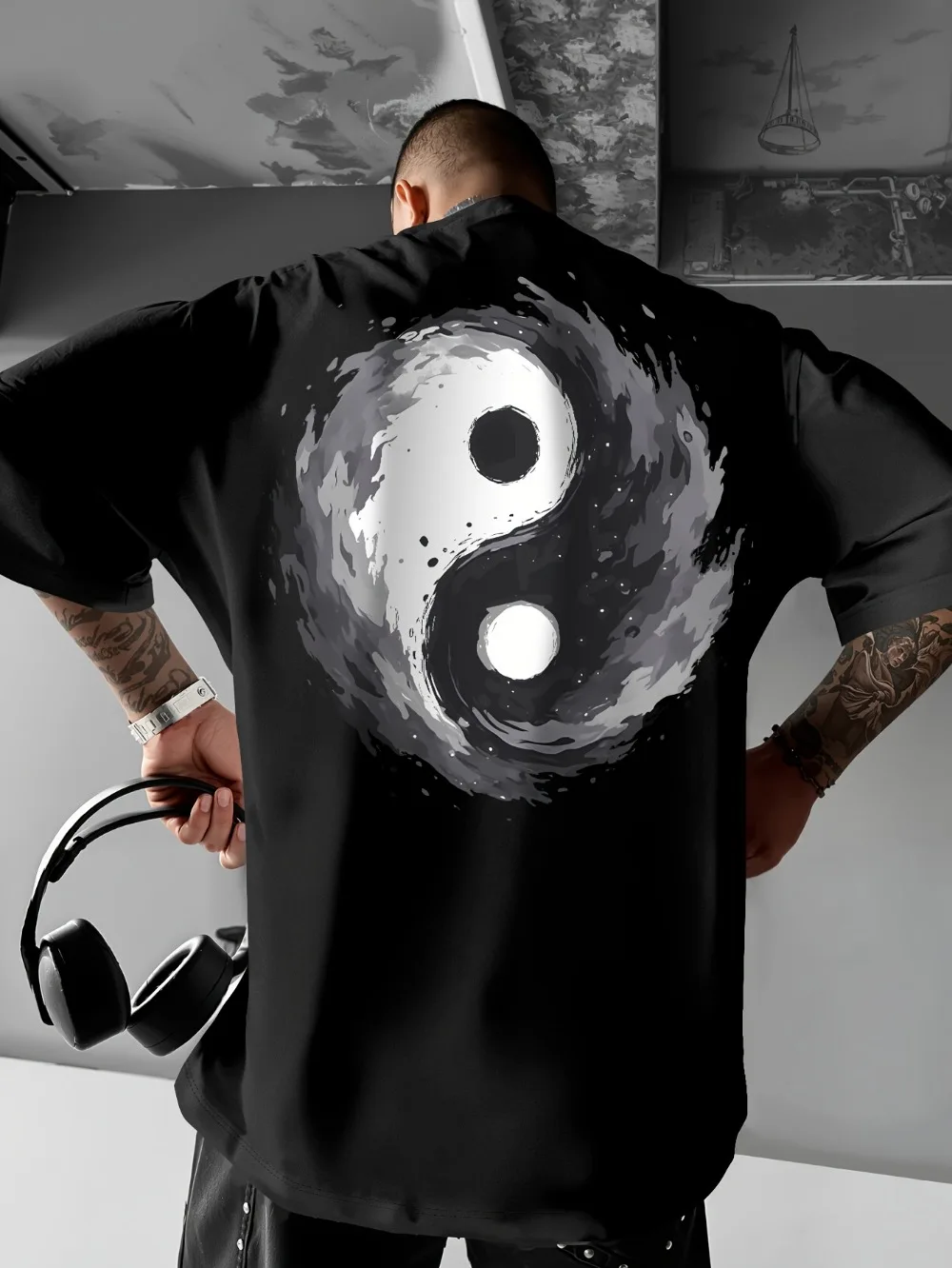Harajuku  Black Gray Yin-yang Symbol 3D Print Breatha Quick-dry Men's T-shirt Outdoor Street Casual Sports Parent-child Clothing