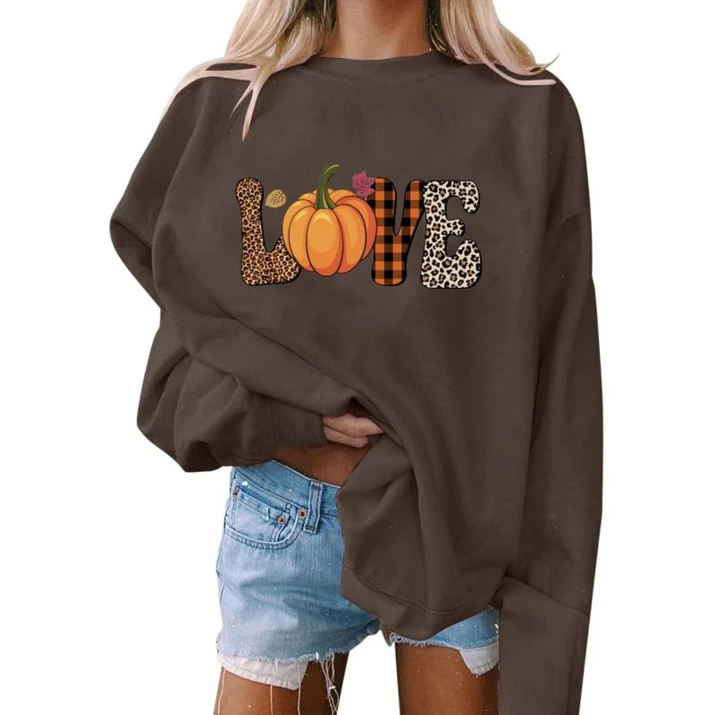 

Women's Thanksgiving oversized sportswear fashionable loose long sleeved round neck top cute printed pullover top