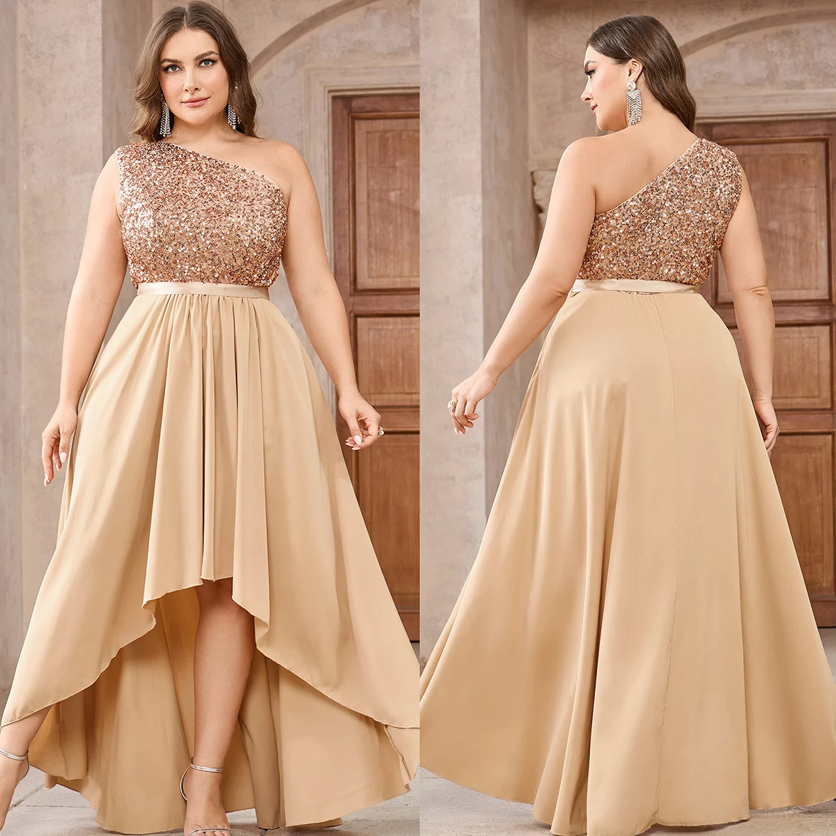 Women Plus Size Dress With Slanted Collar Sleeveless Sequins Loose Party Dress Stylish And Elegant Solid Color Dresses