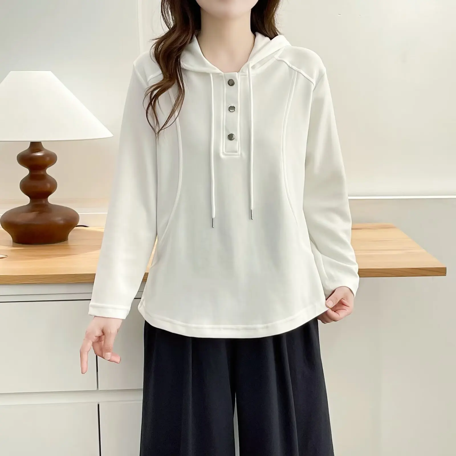 

Модные женские толстовки больших размеров, осенняя новая повседневная толстовка с капюшоном, топ с полуоткрытым воротником и длинными рукавами 2581