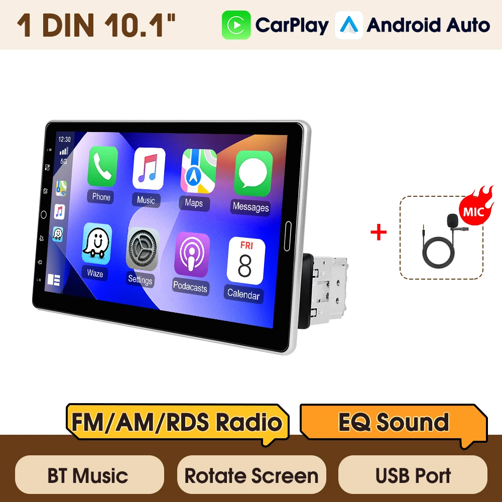 Podofo 10.1" Auto MP5 Speler Universele Multimedia Videospeler 1Din FM RDS AM EQ Carplay Android Auto Mirror Link Autoradio Stereo