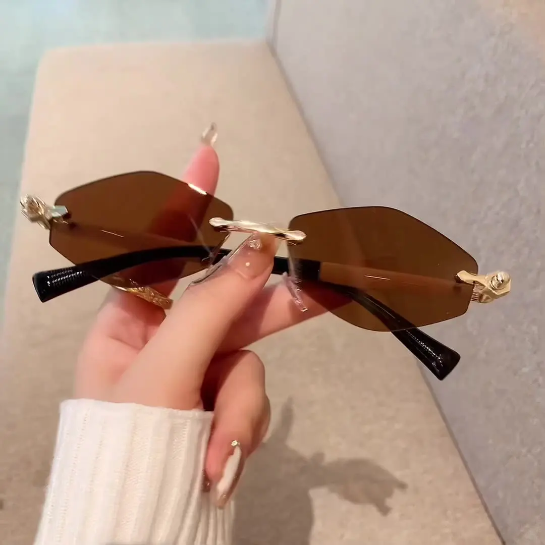 

Шестиугольные модные металлические солнцезащитные очки, модные женские роскошные солнцезащитные очки без оправы с режущим краем