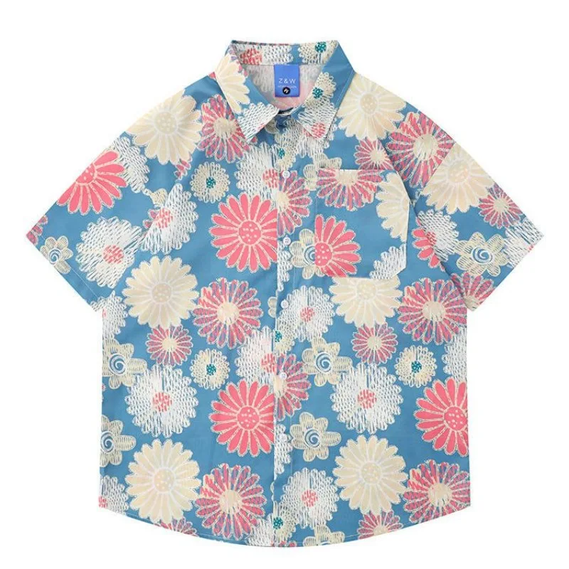 Vintage Chic Flower Shirts Summer Streetwear Short Sleeve Oversized Blouse Men Women Lapel Collar Button Up Shirt Beach Fashion