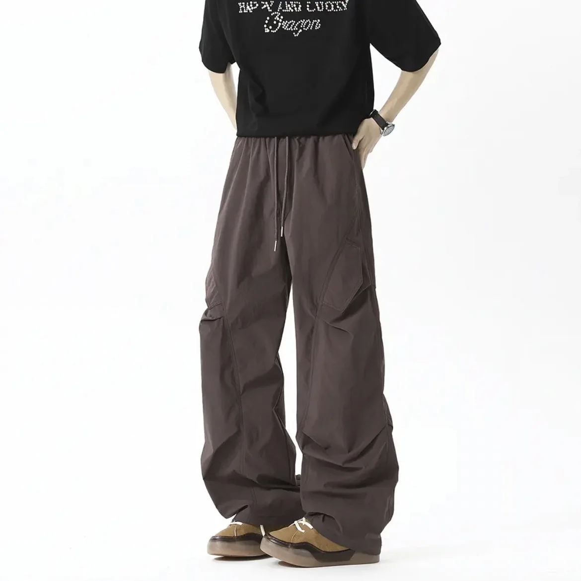 

2025 модные американские винтажные мужские однотонные повседневные брюки-карго на шнурке, модные простые базовые свободные широкие брюки-карго, мужские брюки