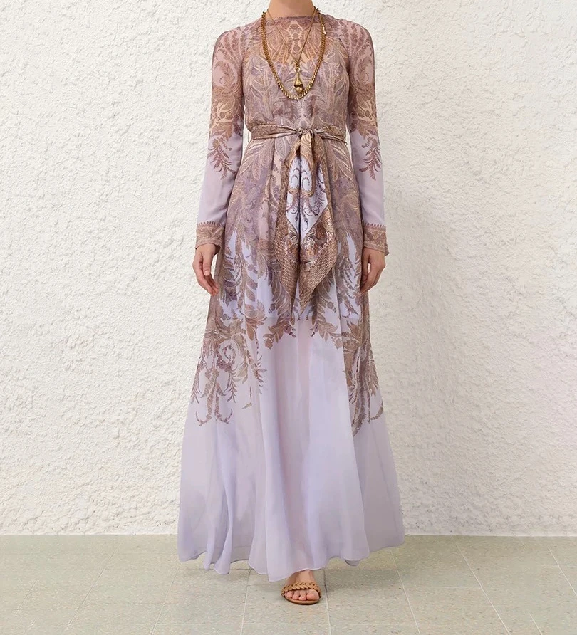 

2025 New Vintage Graceful High Quality Paisley Long Sleeve Women Midi Dress with Silk Belt for Holiday